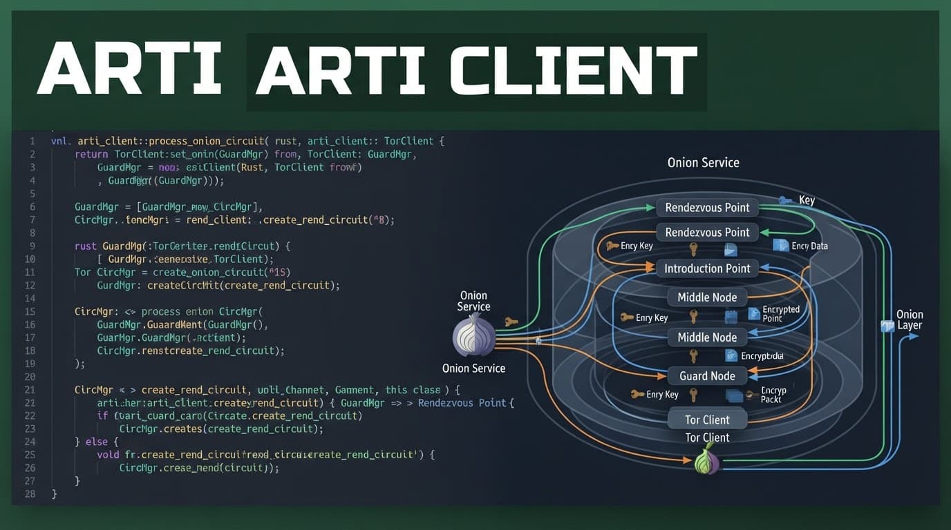 ARTI CLIENT banner above a visual of Rust code and onion routing architecture.