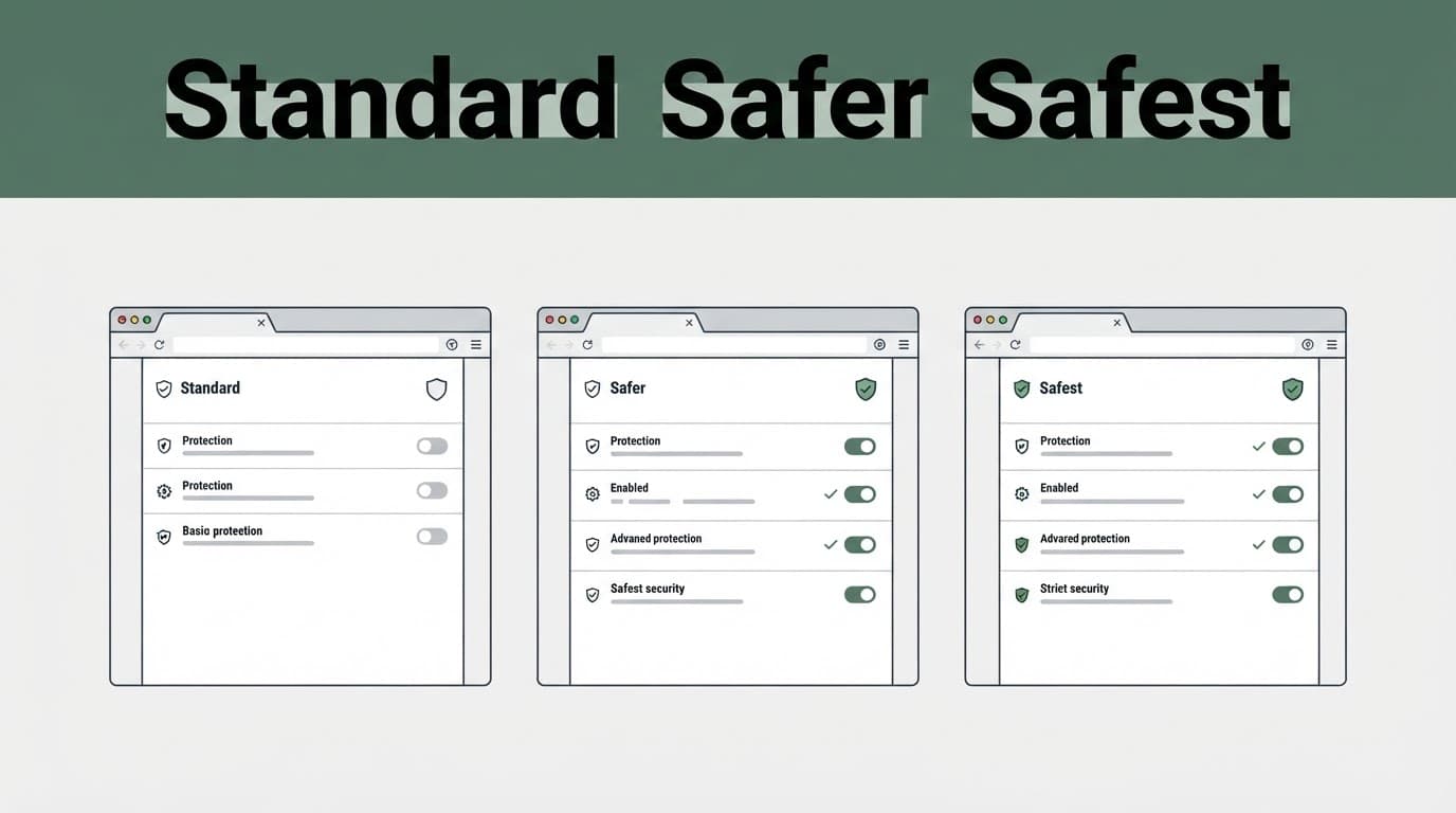 A dark green band carries the headline Standard Safer Safest above one focal subject.