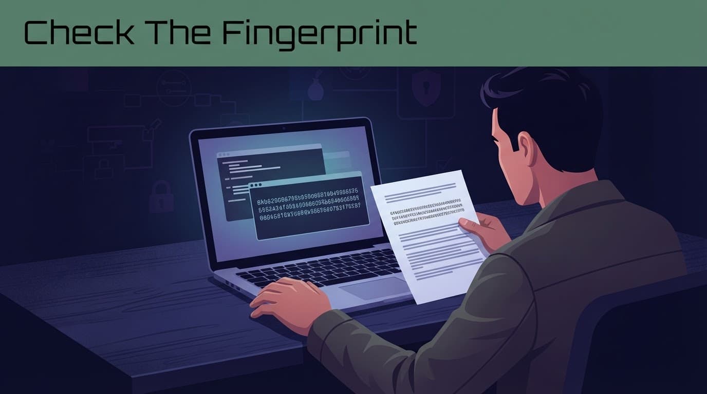 Person comparing a laptop fingerprint with a printed reference at a dark desk.