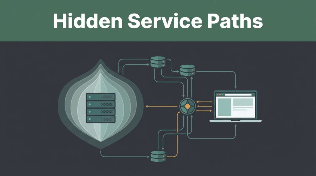 Layered onion shields hide a server as relay paths connect it with a laptop browser.