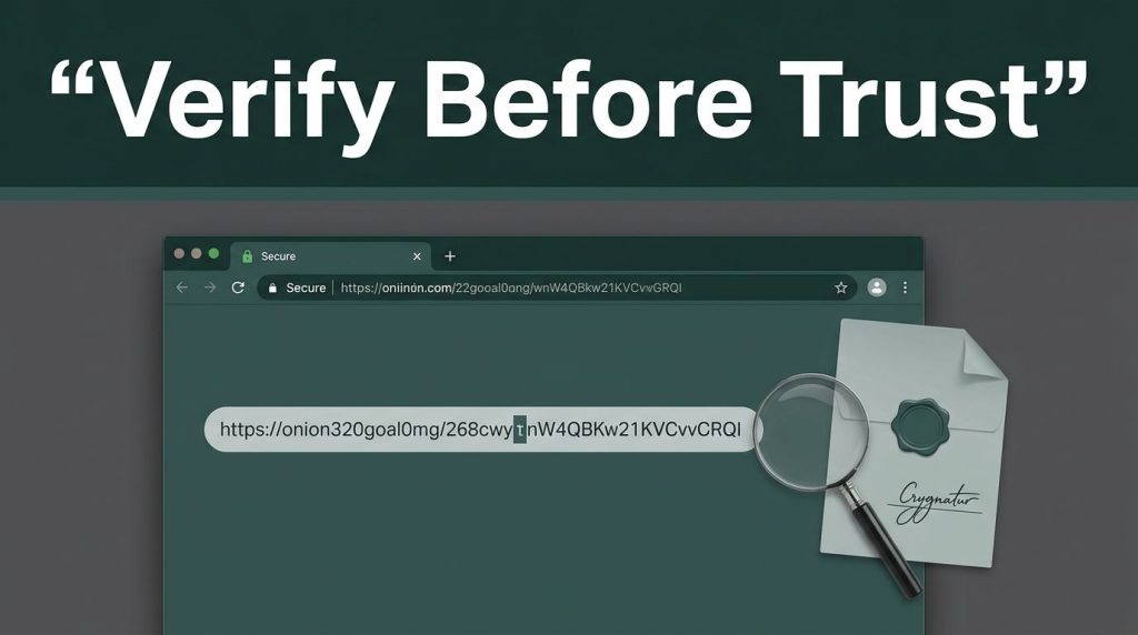A browser shows an onion link with a highlighted mismatch beside a magnifying glass and signed document.