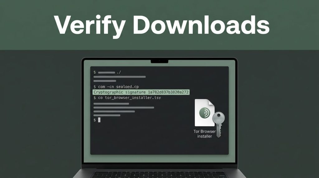 Laptop showing a cryptographic signature check beside a sealed Tor Browser installer.