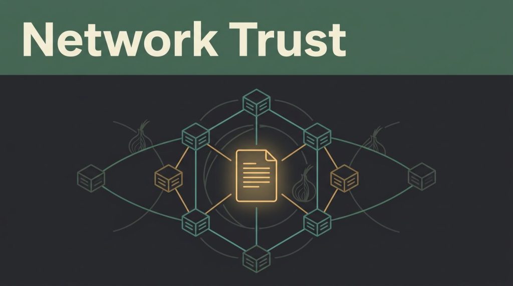 Connected Tor relay nodes surround a glowing consensus document beneath a green Network Trust banner.