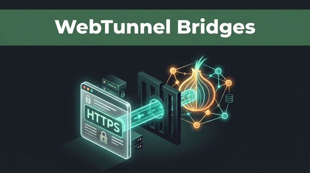 A glowing web gateway connects through a barrier to a Tor onion network.