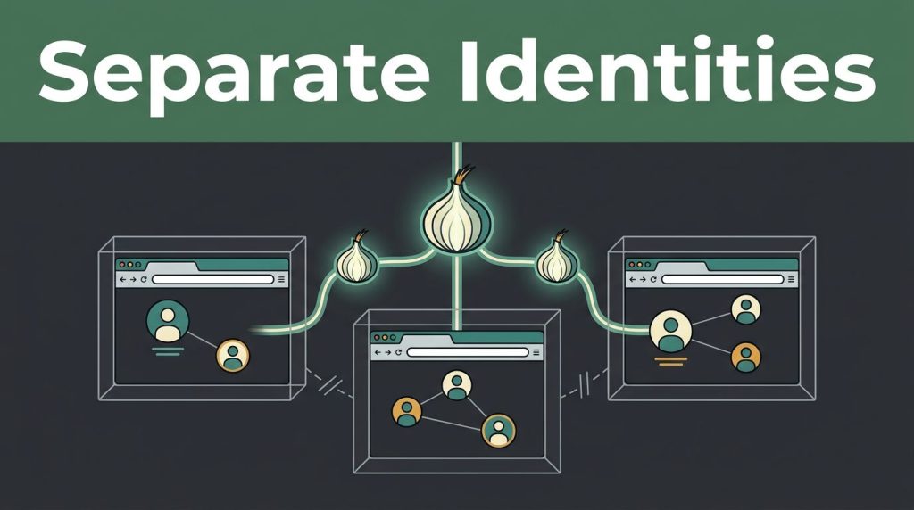 Glowing network paths connect three separate browser windows with disconnected account nodes.