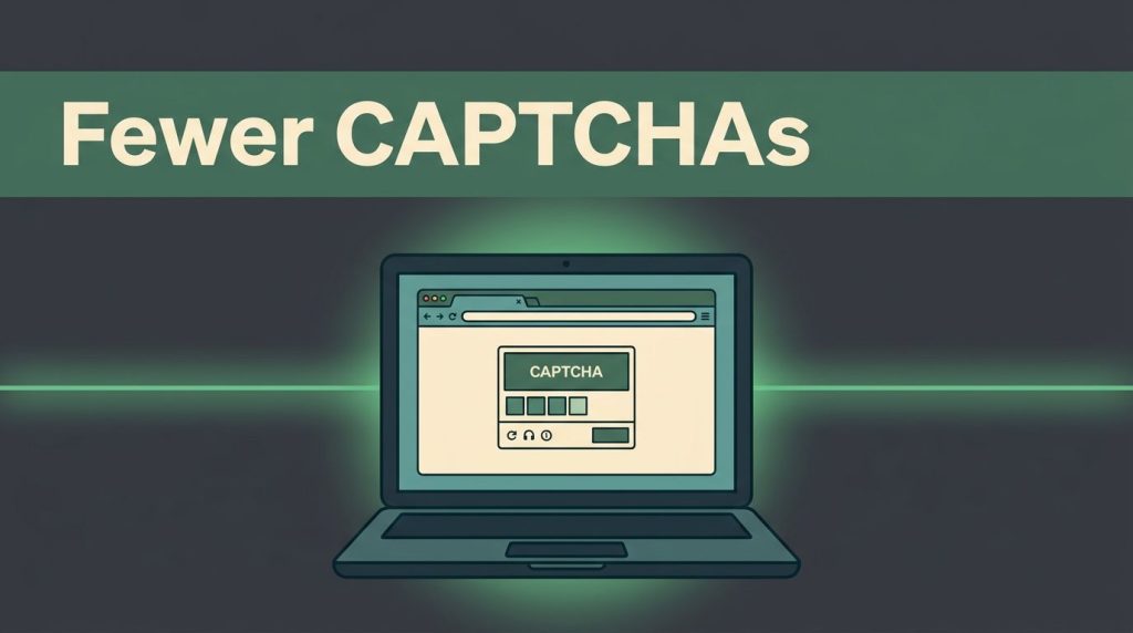 Laptop showing a browser CAPTCHA with a green privacy-network glow.