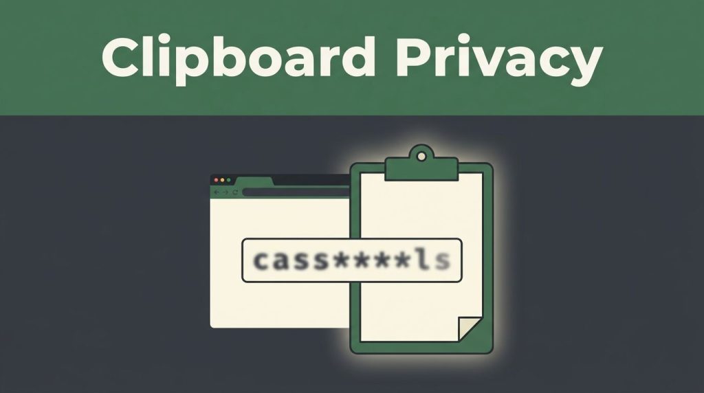 A secure clipboard and browser window show blurred password characters with a warning glow.