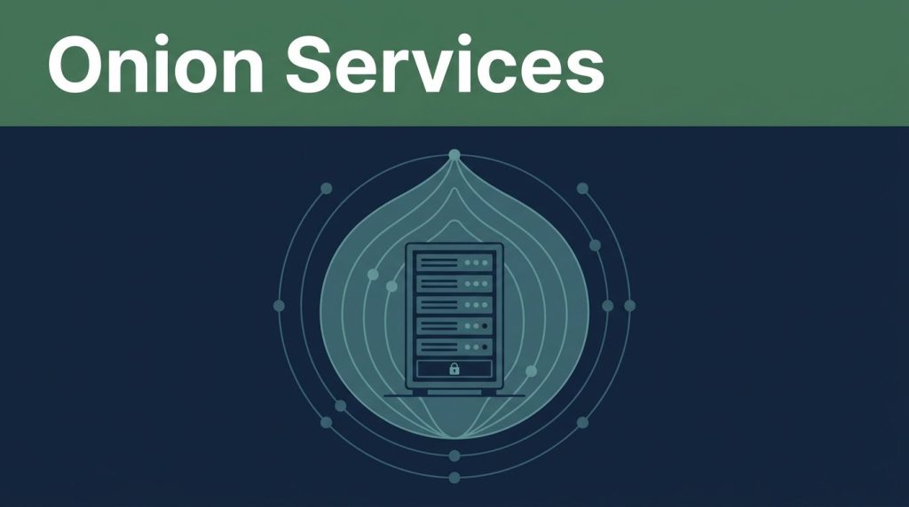 A server rack surrounded by layered network rings beneath an Onion Services headline.