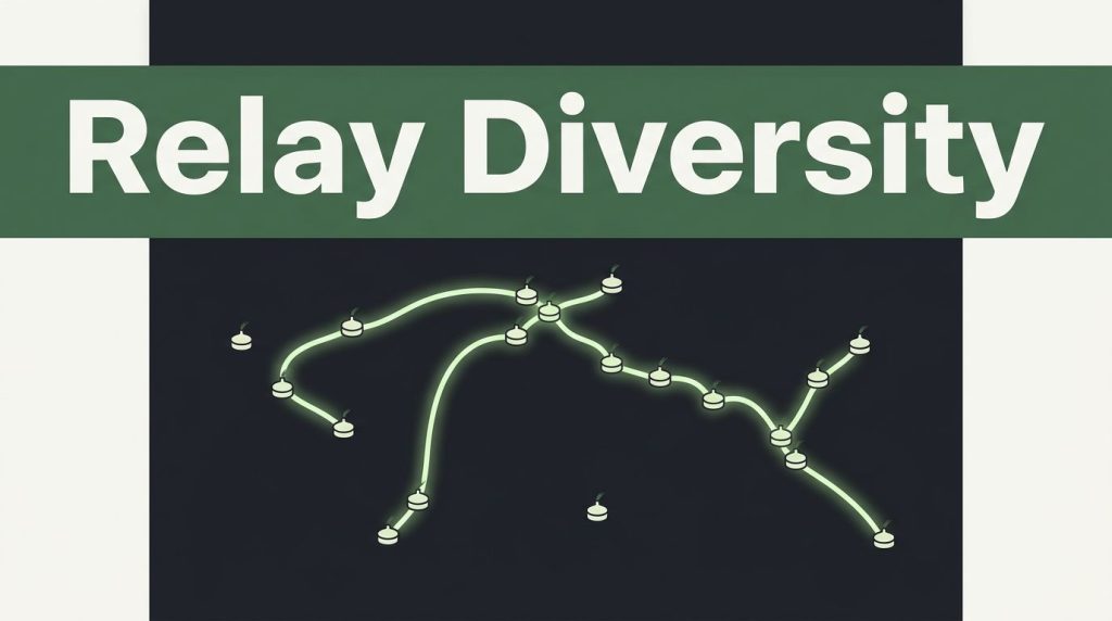 Glowing routing lines connect many evenly distributed Tor relay nodes under a Relay Diversity banner.