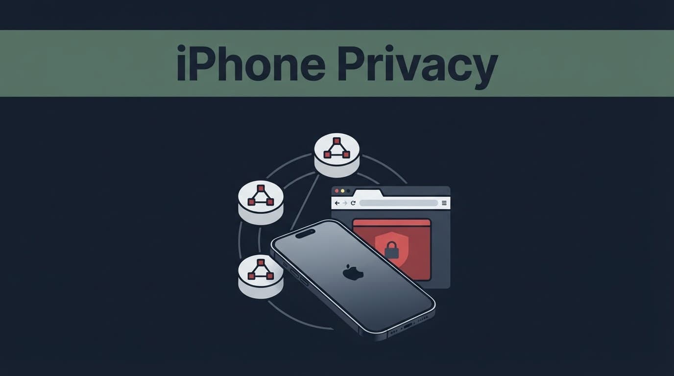 An iPhone sits below three relay nodes and a privacy browser diagram.