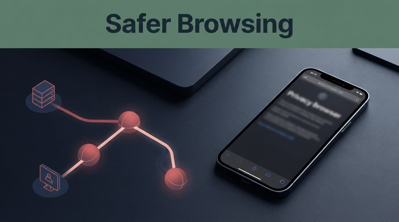 An iPhone beside three relay nodes illustrating private browsing protection.