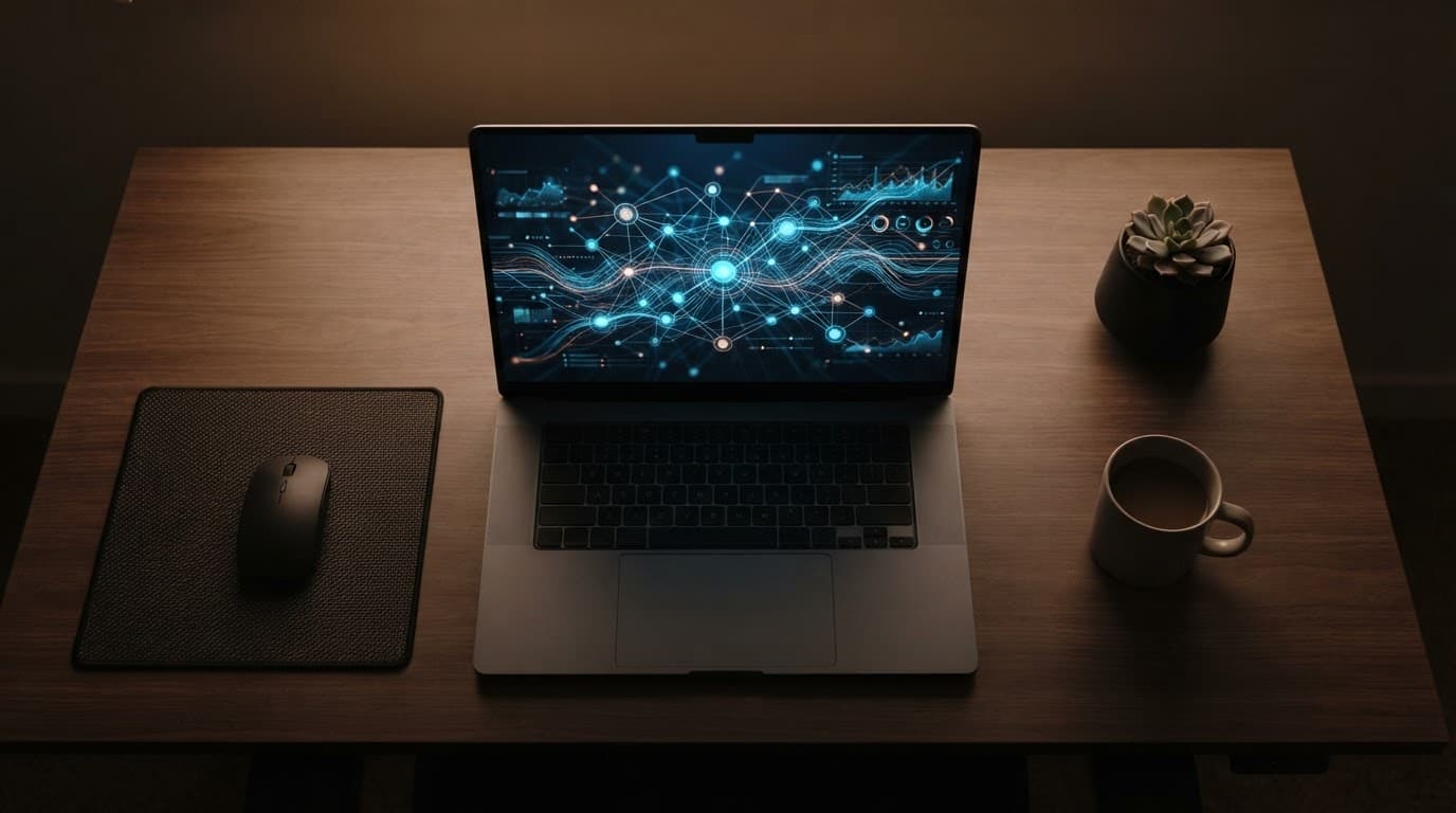 A laptop showing abstract network lines on a softly lit minimalist desk.