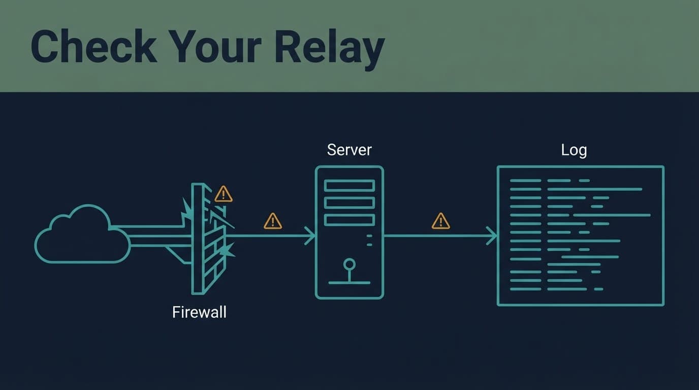 A server, firewall, and log panel diagram with teal lines and amber warnings.