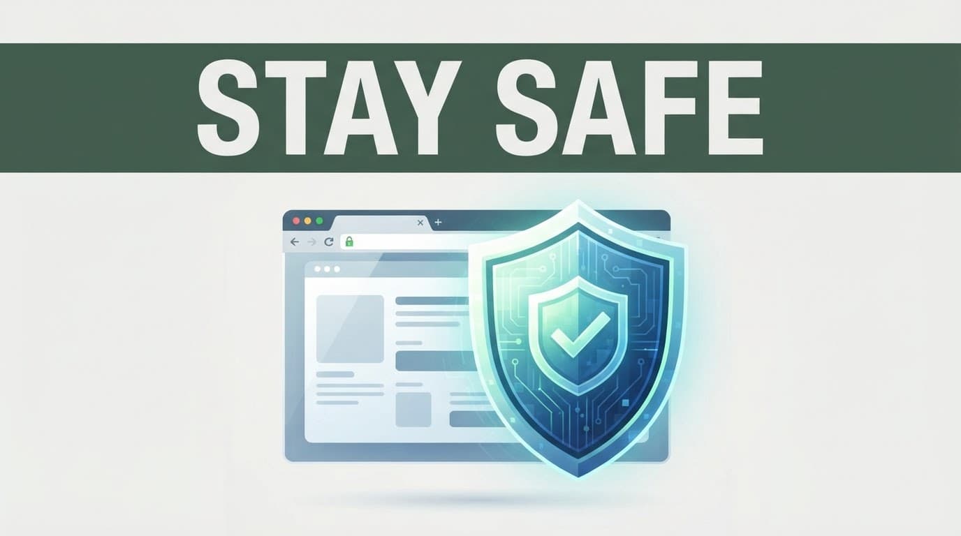A digital shield protects a browser window beneath a dark green banner.