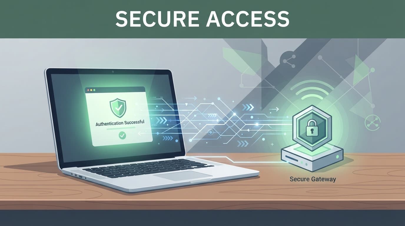 Laptop on a wooden desk connecting to a secure gateway.