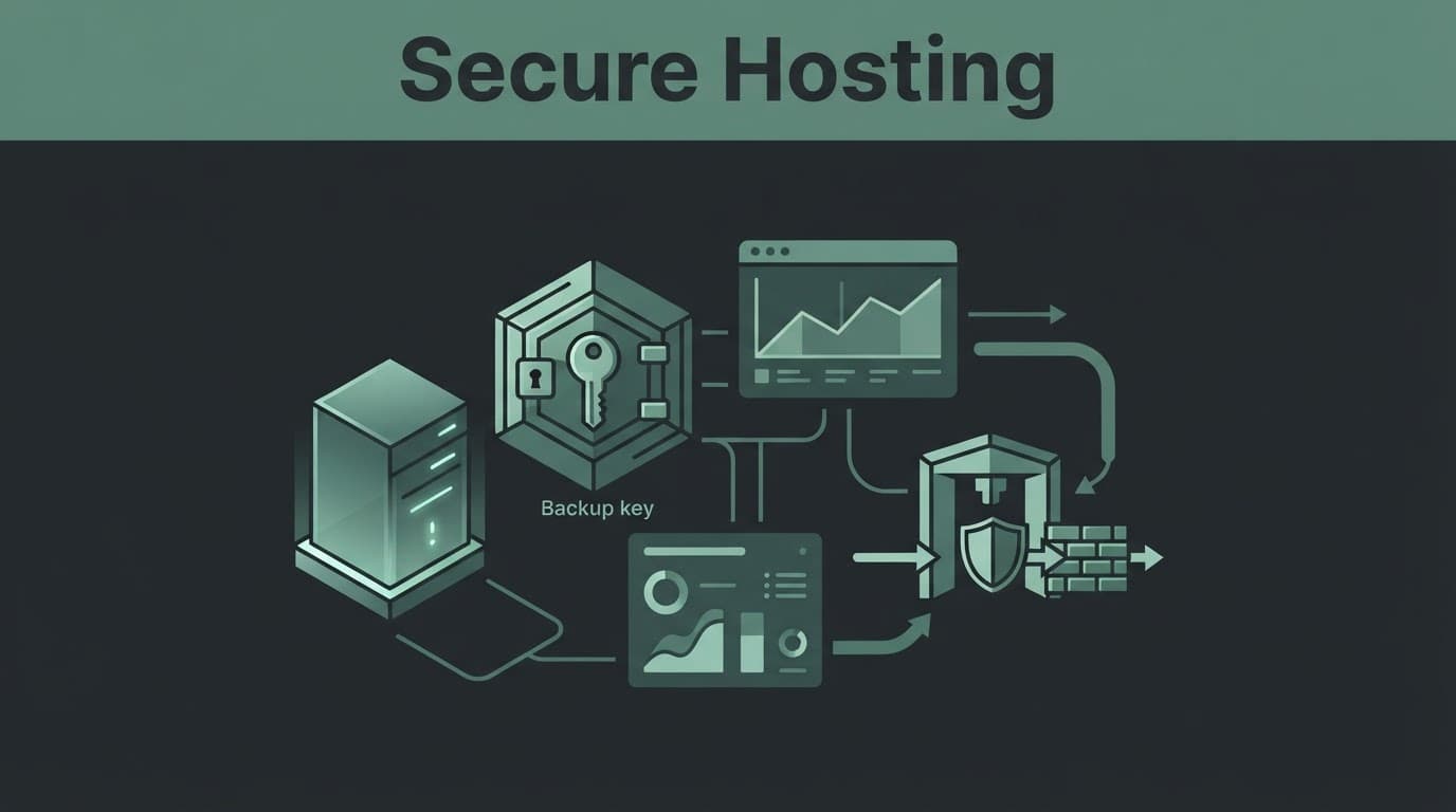 An isolated server with a sealed key vault, monitoring charts, and protected gateway in a dark operations room.