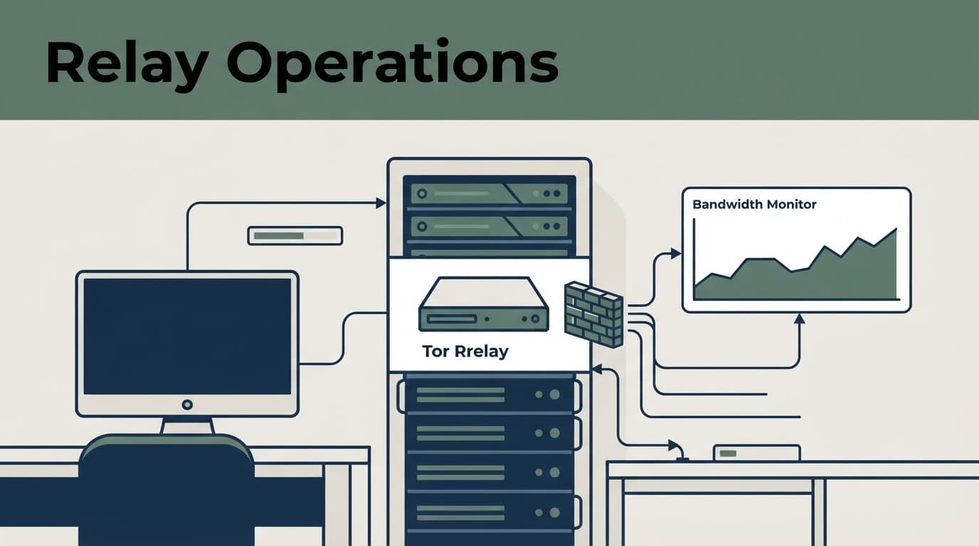 A Linux server rack and monitor show a firewall symbol and bandwidth graph.