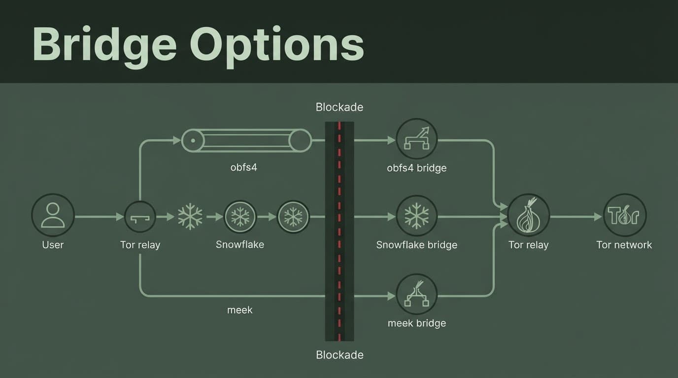 Three Tor bridge paths route around a blocked network barrier.