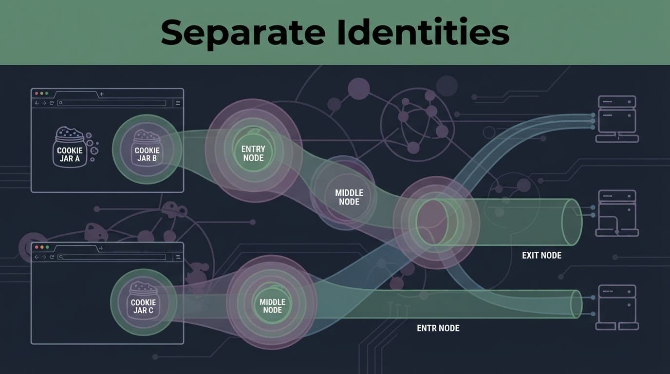 Three browser windows show separate identities, cookie containers, and onion-routing paths.