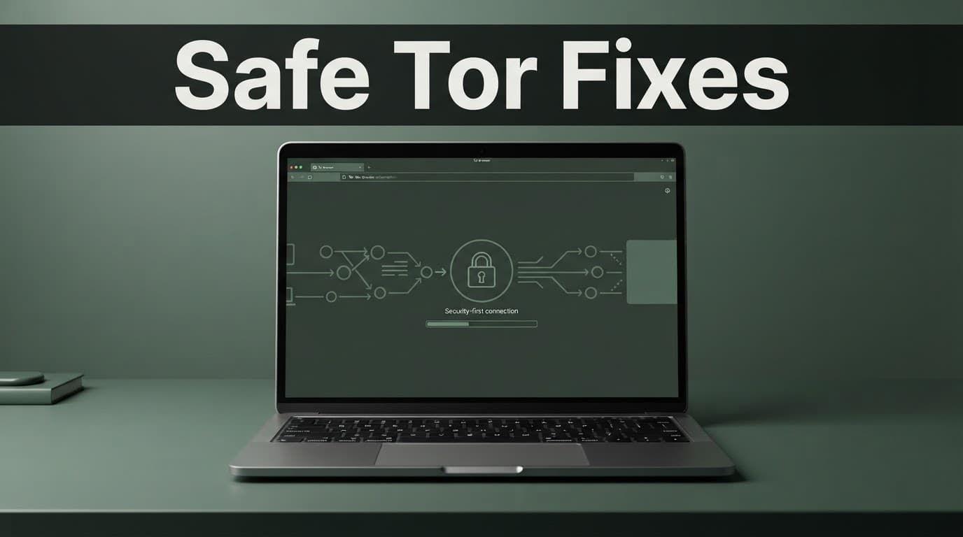 Laptop showing a Tor connection check with padlock and network relay cues.