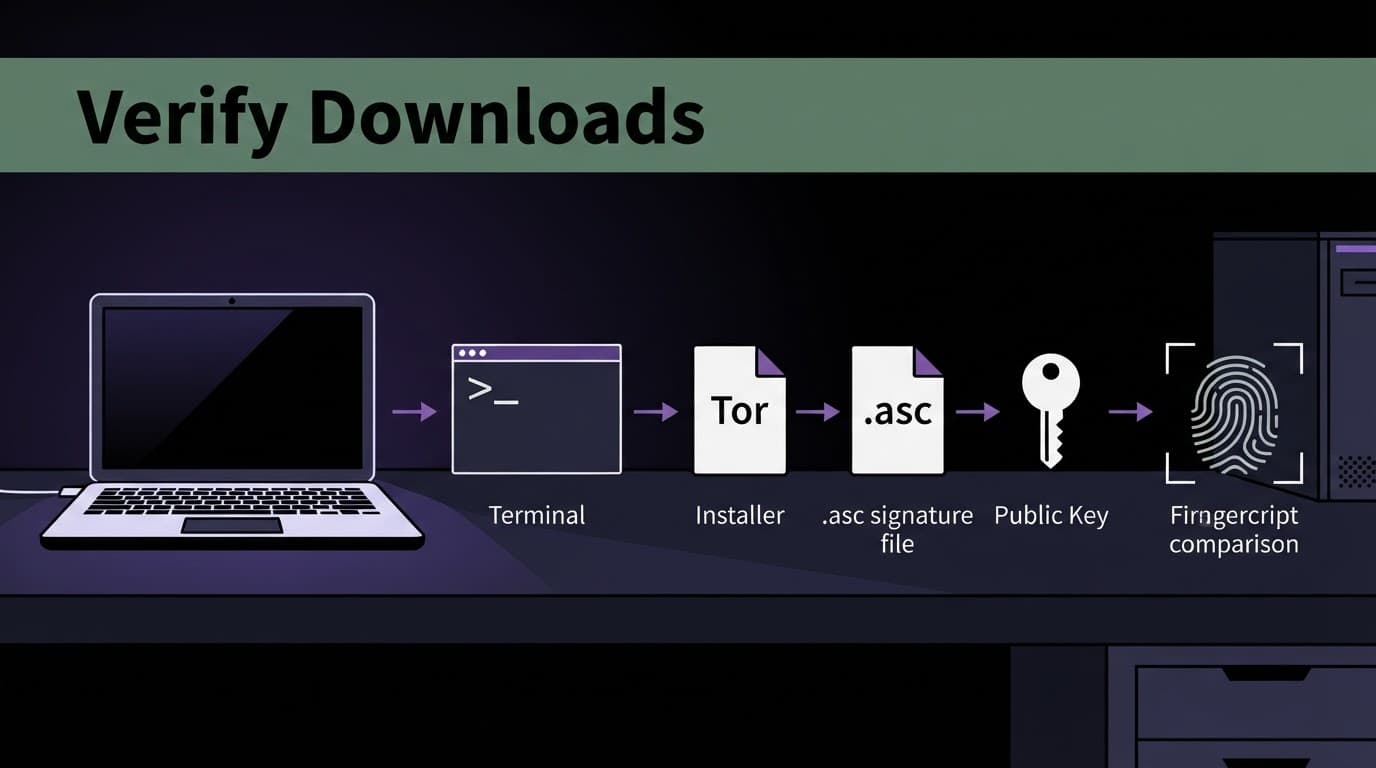 Laptop and verification files arranged in a left-to-right cybersecurity workflow.