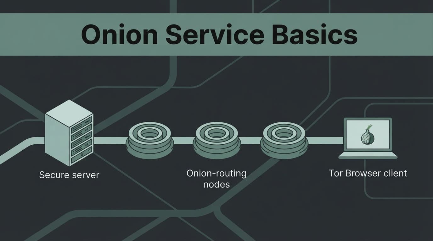 A secure server connects through onion-routing nodes to a Tor Browser client.
