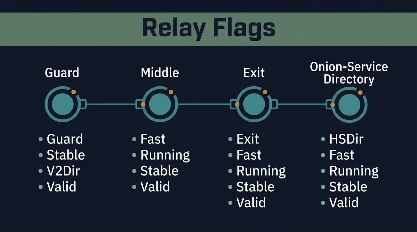 Four network nodes illustrate Guard, middle, exit, and HSDir flag roles.