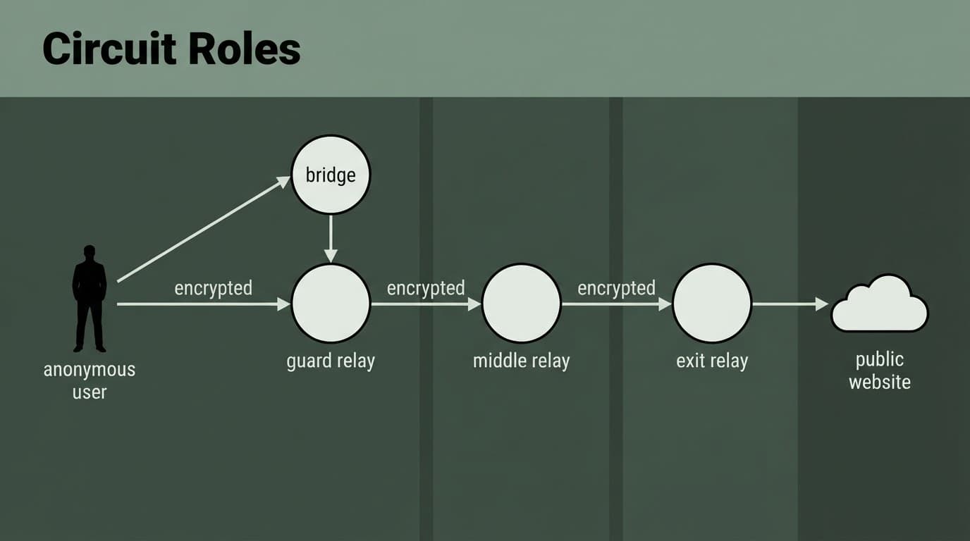 A user silhouette routes through three relays to a website cloud, with a separate bridge above.