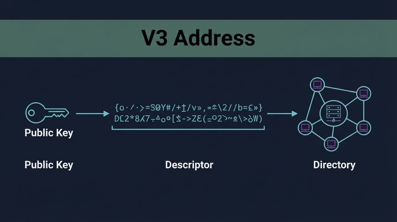A cryptographic service identity flows through a signed descriptor to connected relay nodes.