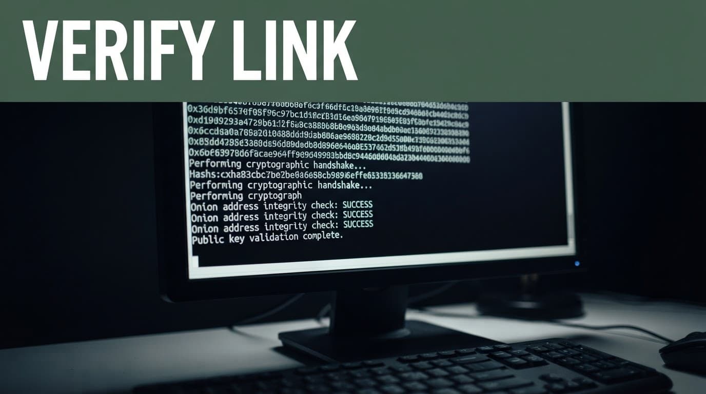 A cryptographic terminal appears below a dark-green VERIFY LINK banner.